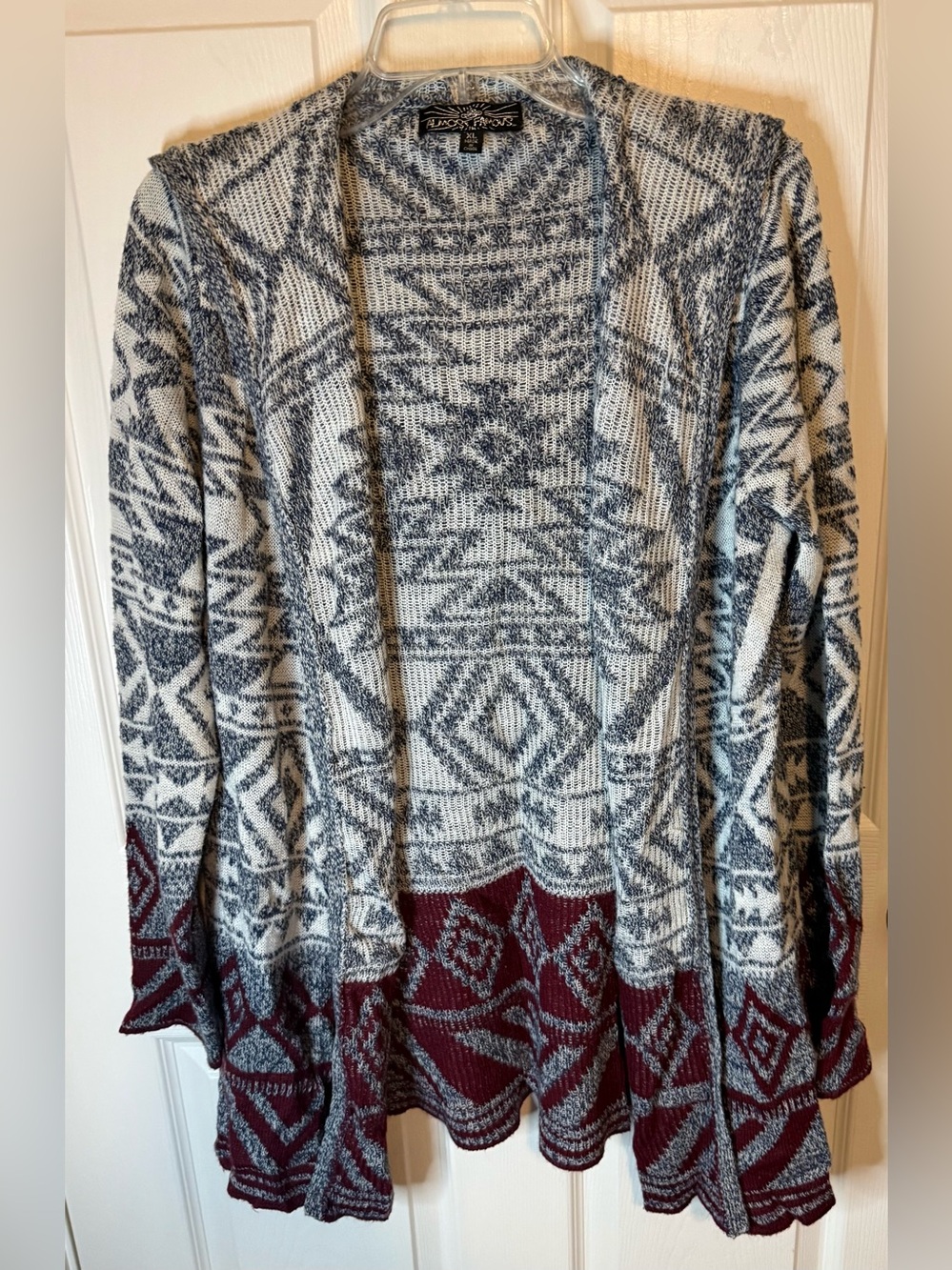 Almost Famous Aztec Open-Front Cardigan in Cream, Gray and Burgundy